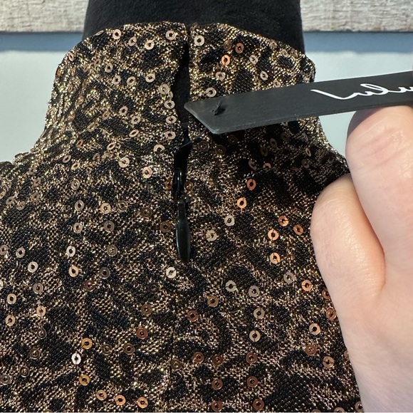 Lulus Party Instinct Black and Gold Leopard Mesh Sequin
Mini Dress Size Medium - Picture 13 of 14